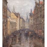 Maler um 1900 "München im Regen",Öl/Lw., undeutl. sign. u.l. und dat. 1918, 42x35 cm, Rahmen