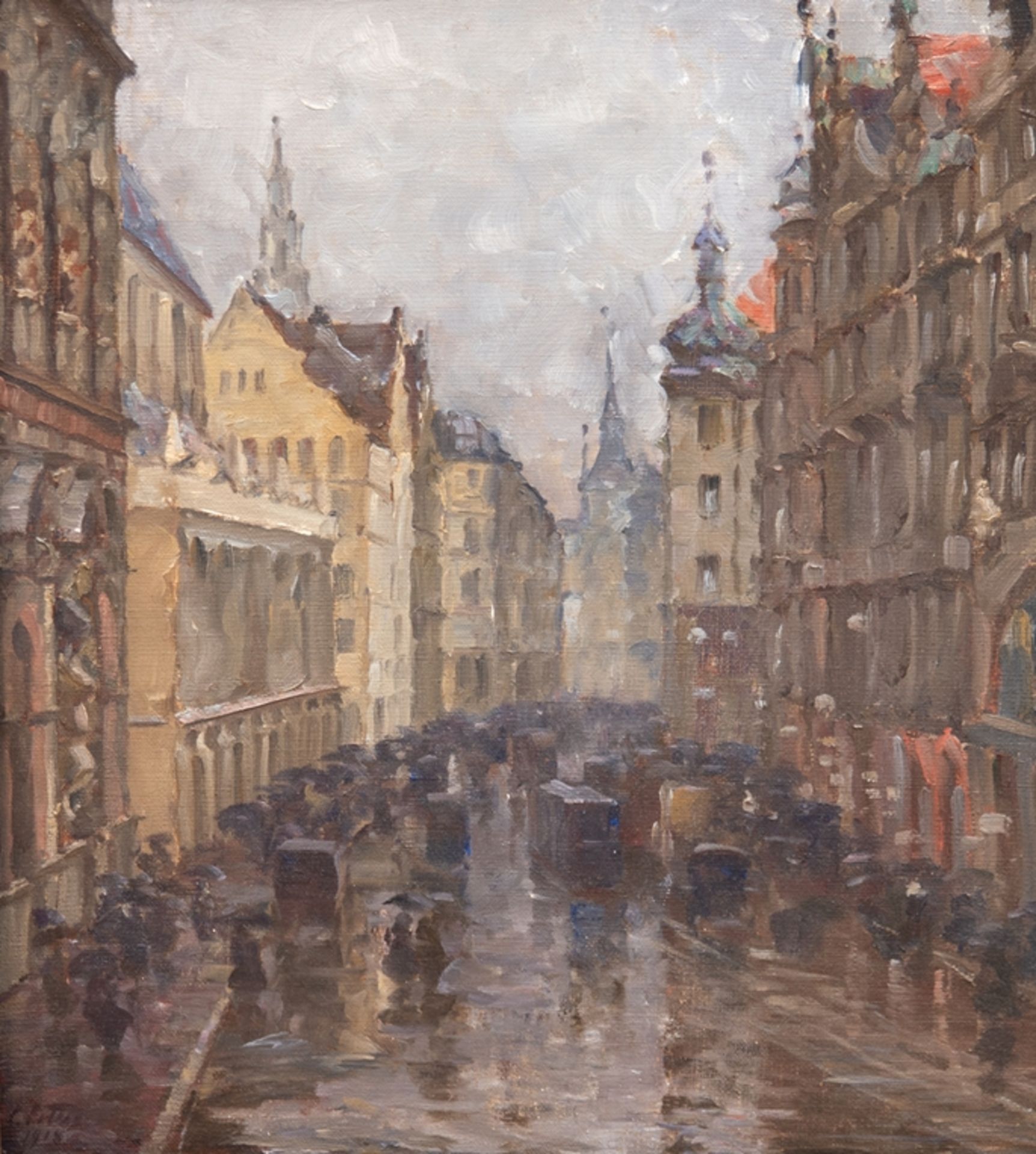 Maler um 1900 "München im Regen",Öl/Lw., undeutl. sign. u.l. und dat. 1918, 42x35 cm, Rahmen