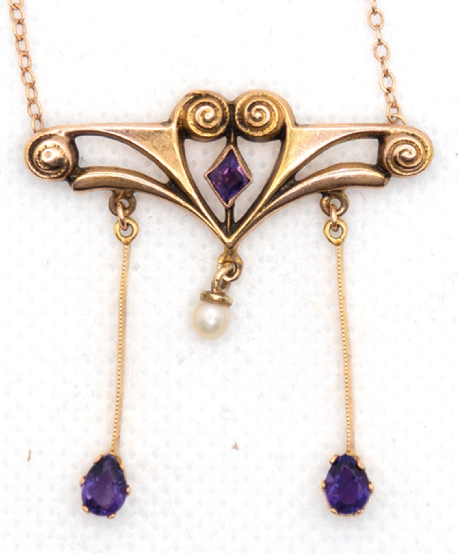 Jugendstil-Collier, Kette 583er Rosegold, Mittelteil 14 kt, Gold, 7,0 g, Amethyste und eine echte P