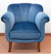 Art Deco-Sessel, neu gepolstert und mit blauem Veloursstoff bezogen, auf 4 gebogenen Beinen, 80x82x