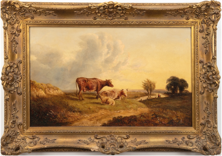 Widgery, William (1822 Uppercot-1893 Exeter) "Zwei Kühe und eine Ziege in weiter Flusslandschaft",