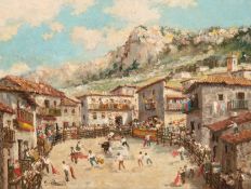 Pradilla-Gonzalez, Miguel (1884 Rom-1965 Madrid) "Stierkampf auf einem spanischen Marktplatz", Öl/H