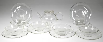 Teekanne und 6 Teetassen mit UT, Wagenfeld, Jenaer Glas, frühe Marke, Kannen-H. 10 cm