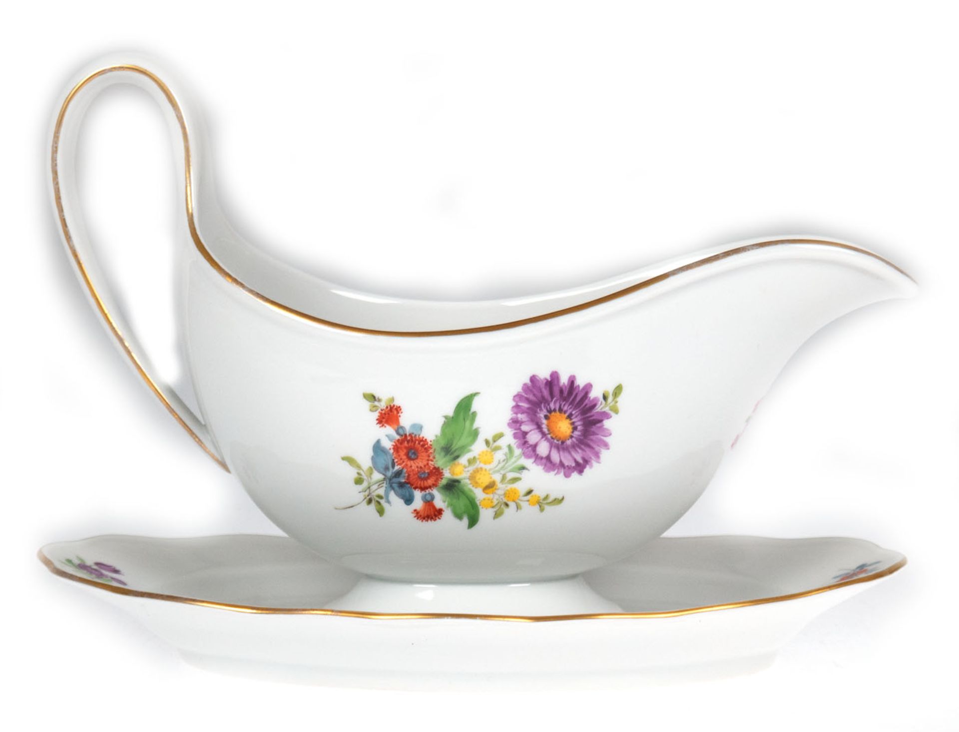 Meissen-Sauciere, Bunte Blume 3, Goldrand, Neuer Ausschnitt, ovale Form mit 1 Handhabe, 1. Wahl, Go - Image 2 of 2