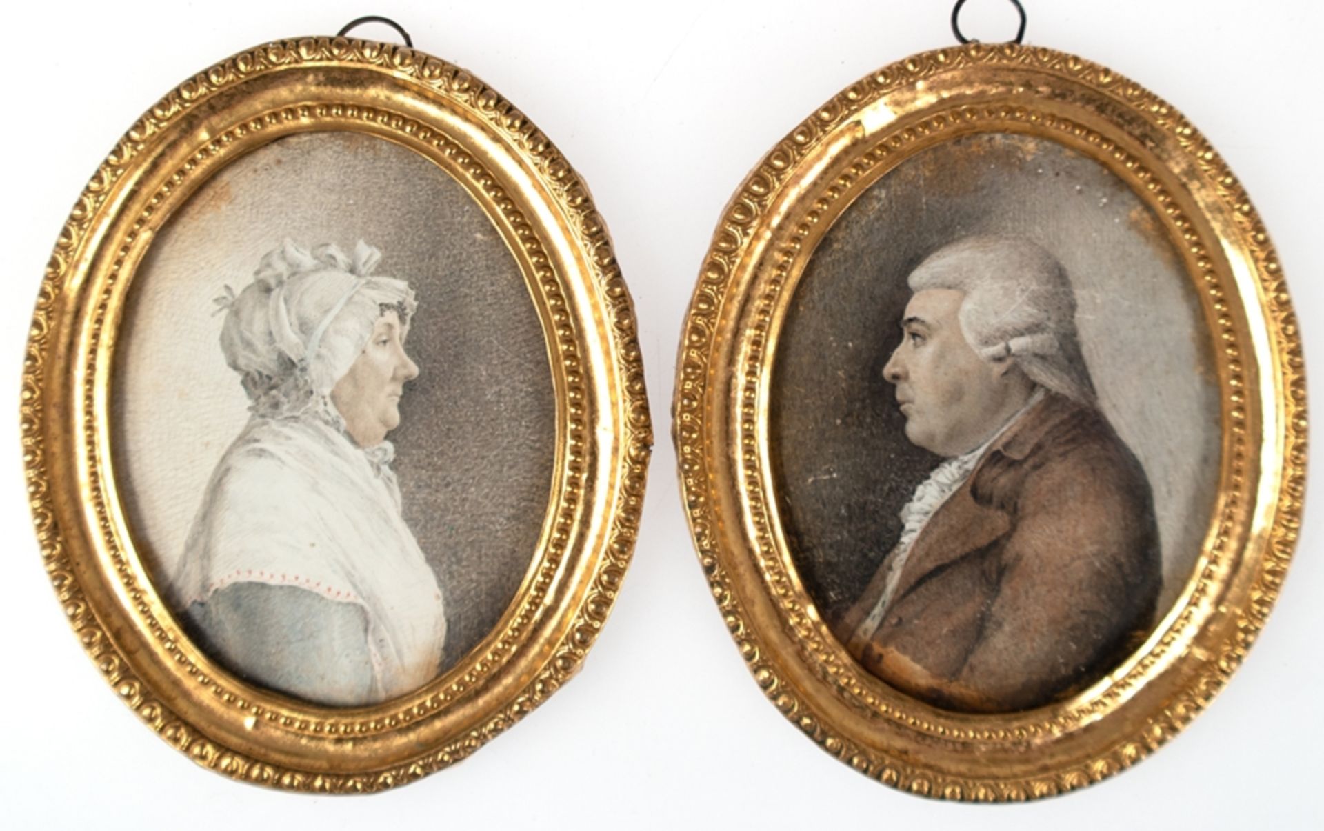 Paar Miniaturen "Damen- und Herren-Porträt", Gouache auf Papier, signiert T.F. Senff (1761-ca. 182