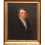 Maler 19. Jh."Herrenporträt", Öl/ Lw., beschäd., unsign., rückseitig bez. "Carl Johann Karuth", 72x