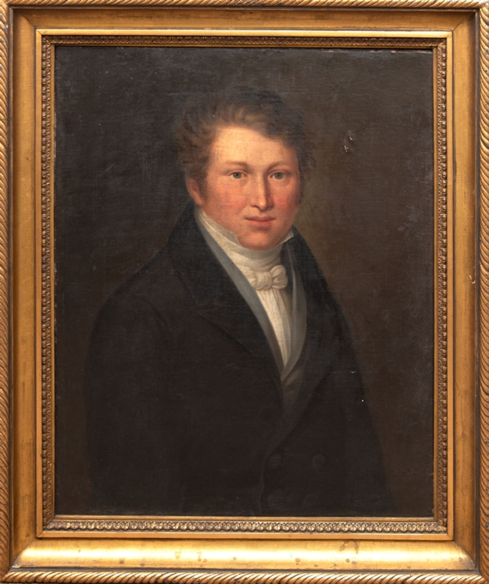 Maler 19. Jh."Herrenporträt", Öl/ Lw., beschäd., unsign., rückseitig bez. "Carl Johann Karuth", 72x