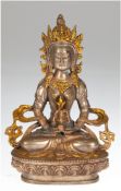 Buddha-Figur "Weiße Tara auf Lotosthron sitzend", Bronze, z.T. goldfarbend gefaßt, geschlossener Bo