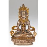 Buddha-Figur "Weiße Tara auf Lotosthron sitzend", Bronze, z.T. goldfarbend gefaßt, geschlossener Bo