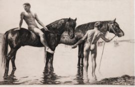 Jahn, Georg (1869 Meißen-1940 Loschwitz) "Zwei Männerakte mit Pferden", Radierung, sign. u.r., stoc