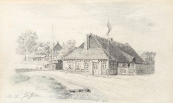 Jessen, Carl Ludwig (1833-1917) "Fachwerkkaten am Wegesrand", Bleistiftzeichnung, sign. u.l., 16,5x