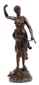 Levasseur, Henri Louis (1853-1934 "Diana mit Bogen auf erlegtem Reh stehend", Bronze, braun patinie