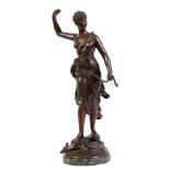 Levasseur, Henri Louis (1853-1934 "Diana mit Bogen auf erlegtem Reh stehend", Bronze, braun patinie