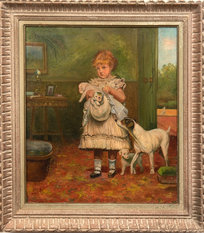 Biedermeier-Maler "Kleines Mädchen mit ihren Hundewelpen auf dem Arm", Öl/ Lw., doubliert, Reste de