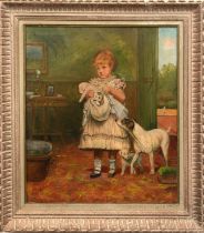 Biedermeier-Maler "Kleines Mädchen mit ihren Hundewelpen auf dem Arm", Öl/ Lw., doubliert, Reste de