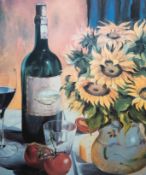 "Stilleben mit Sonnenblumenstrauß, Wein und Tomaten auf dem Tisch", Öl/ Hartfaser, unsign., 81,5x63