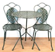 Gartentisch mit 2 Stühlen, Metall, grün und gold gefasst, in Flechtoptik, runder Tisch auf 3 Beinen