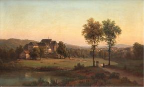 Hernlund, Ferdinand (1838 Eksjö-1902 Medevi, Schweden) "Bewaldete Landschaft mit Kirche", Öl/ Lw., 
