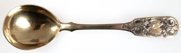 Löffel, Silber 84 Zol., Niello vergoldet, graviert, Moskau 1858, punziert, 66 g, L. 20 cm