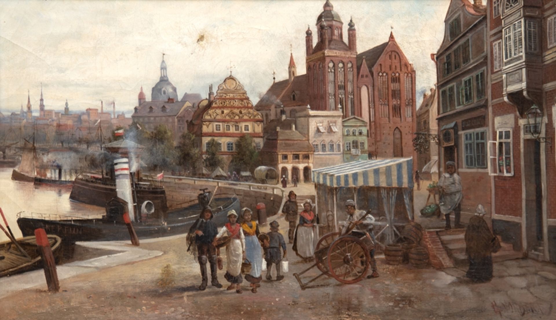 Maler um 1900 "Fischer am Hafen in Stargard in Pommern", Öl/ Lw., undeutl, sig. u.r., 32x52 cm,