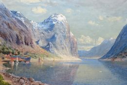 "Sognefjord im Frühling", Öl/ Lw., undeutl sign. u.l., 97x136,5 cm, Rahmen