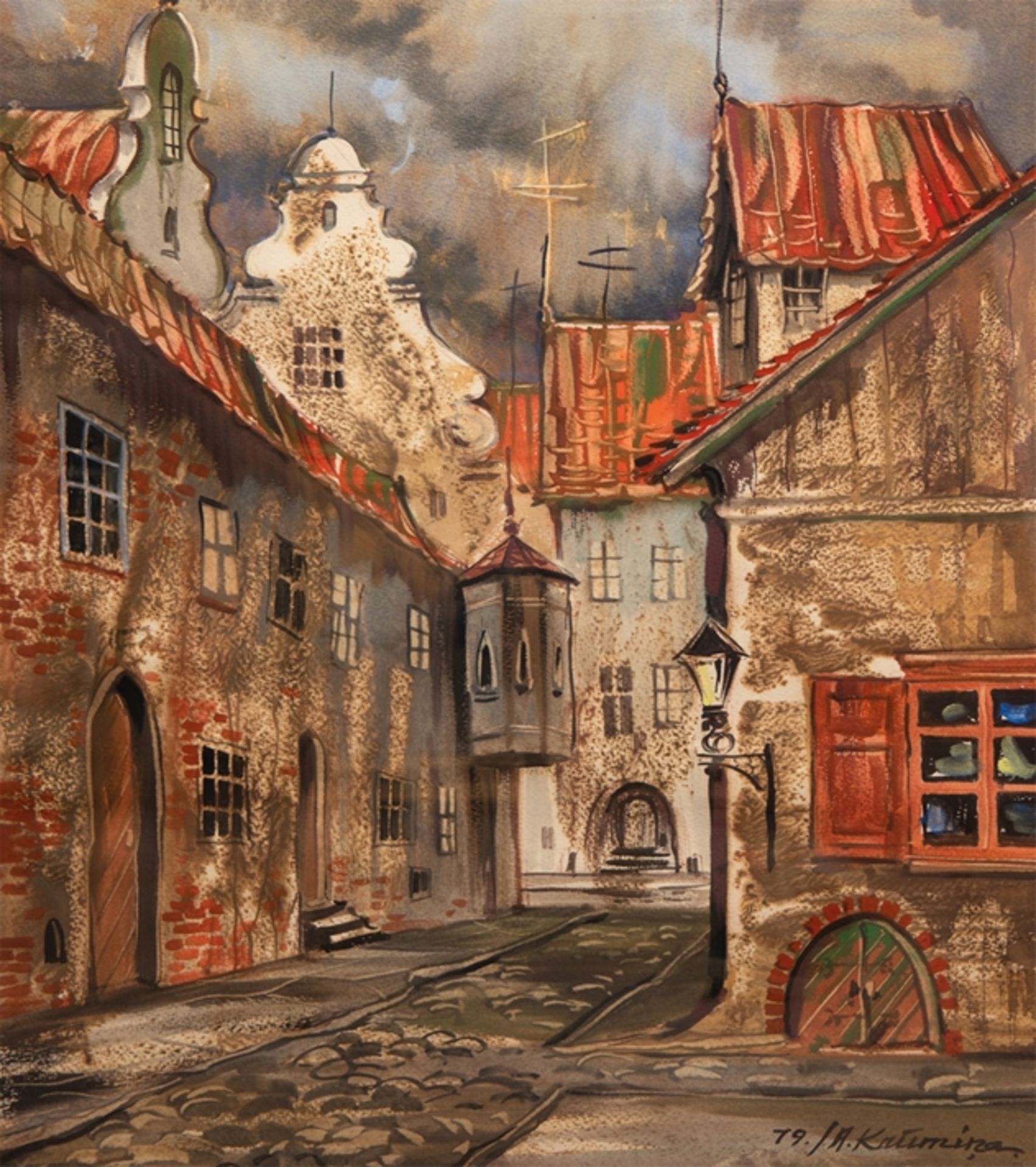 Kaumina, Asuma (Lettischer Künstler 20. Jh.) "Gasse in der Altstadt von Riga", Aquarell, signiert u