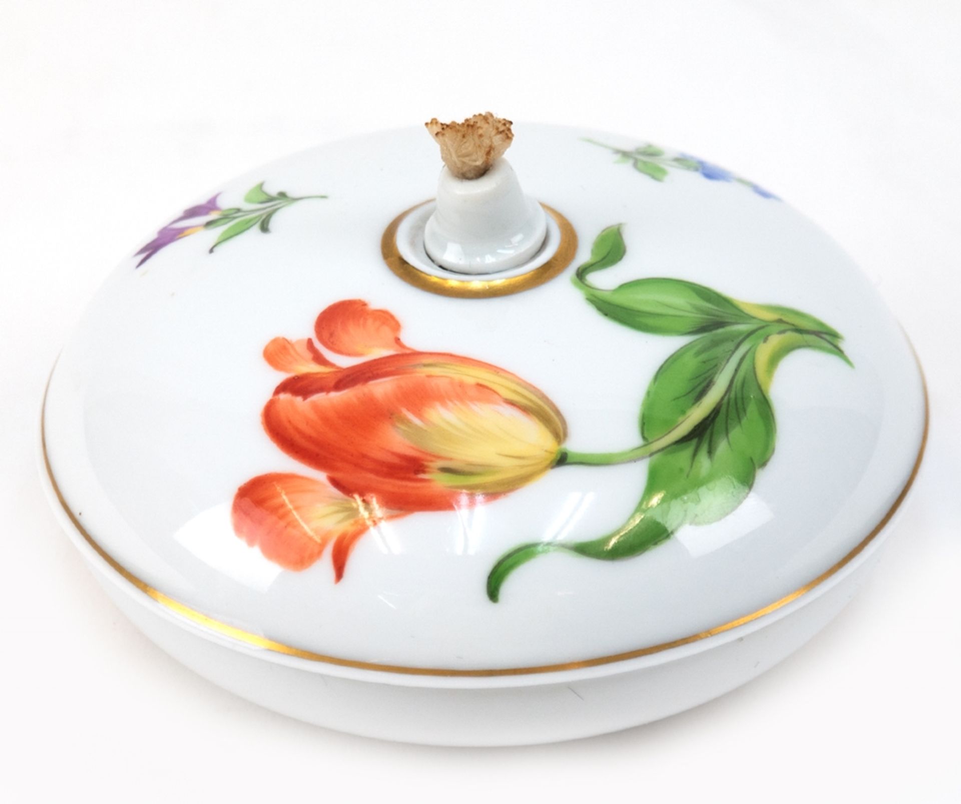 Öllampe, MPM Saxionia, Meissen, mit polychromer Blumenmalerei und Goldrändern, gedrückte Kugelform,