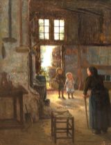 Maler um 1910/20 "Zu Besuch bei der Großmutter", Öl/ Lw., undeutl. sign. u.l., stark retuschiert, F