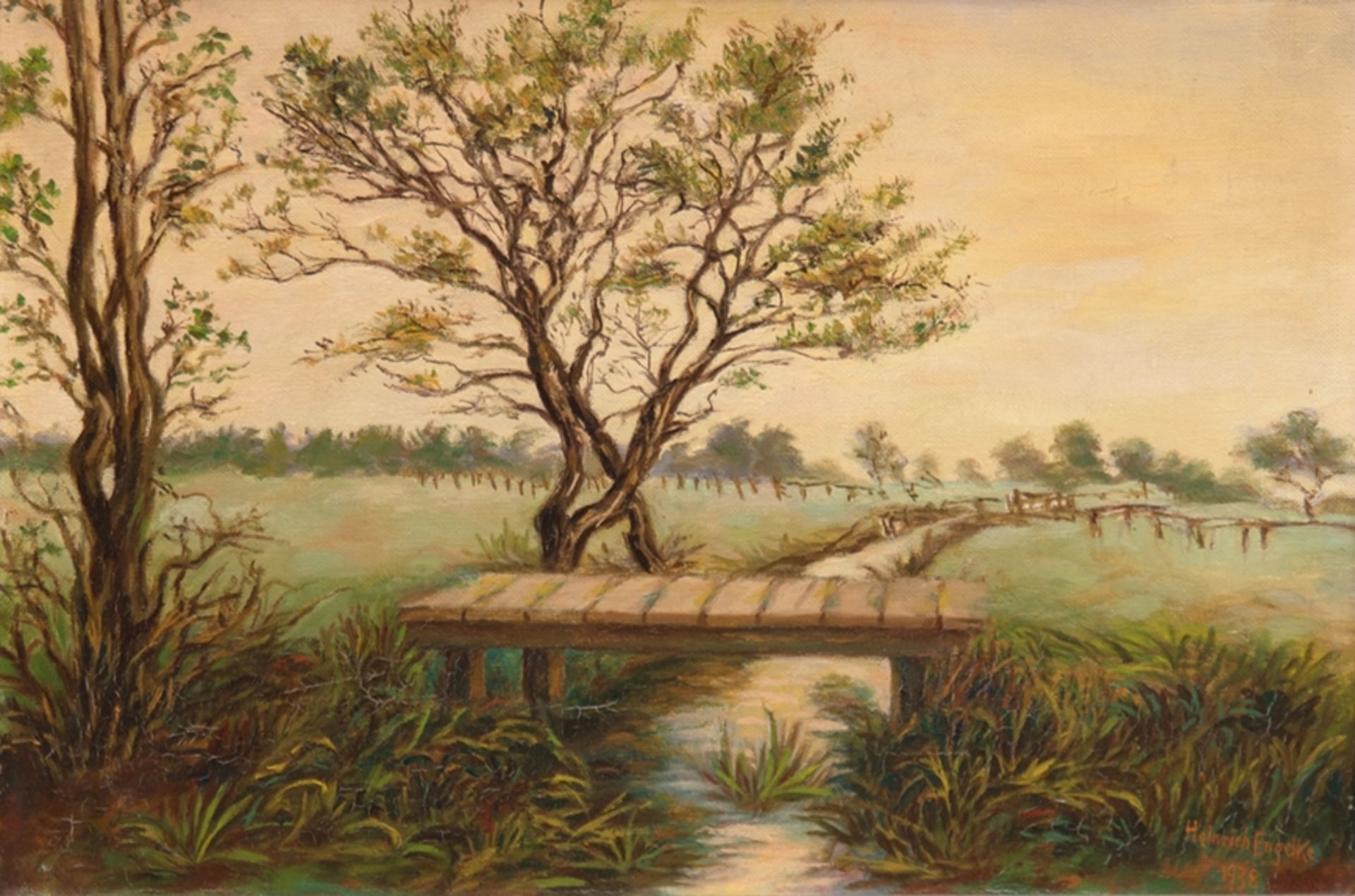 Engelke, Heinrich (Deutscher Maler 20. Jh.) "Norddeutsche Landschaft mi Brücke über Moorgraben", Öl