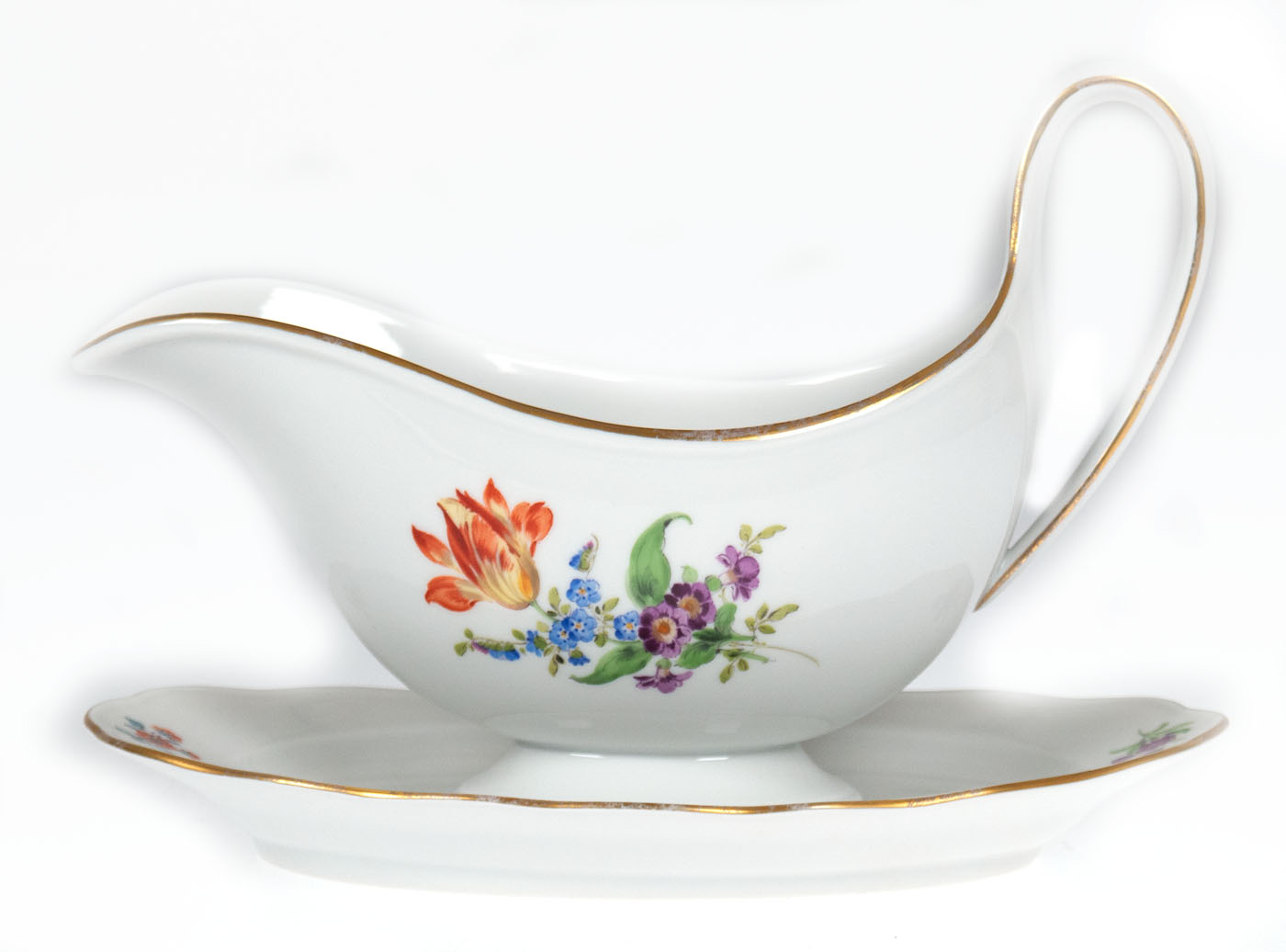 Meissen-Sauciere, Bunte Blume 3, Goldrand, Neuer Ausschnitt, ovale Form mit 1 Handhabe, 1. Wahl, Go