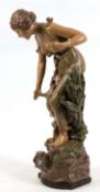 Große Jugendstil-Figur "Junges Mädchen im fließenden Kleid auf naturalistischem Sockel stehend", um