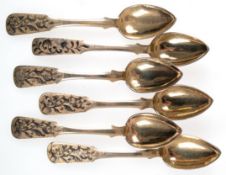 6 Kaffeelöffel, 84 Zol. Silber vergoldet, Moskau 1871-1916, Fyedor Lorie, Laffenunterseite und Grif