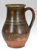 Alter Krug, Hafner Keramik, glasiert, Gebrauchspuren und bestoßen, H. 20,5 cm
