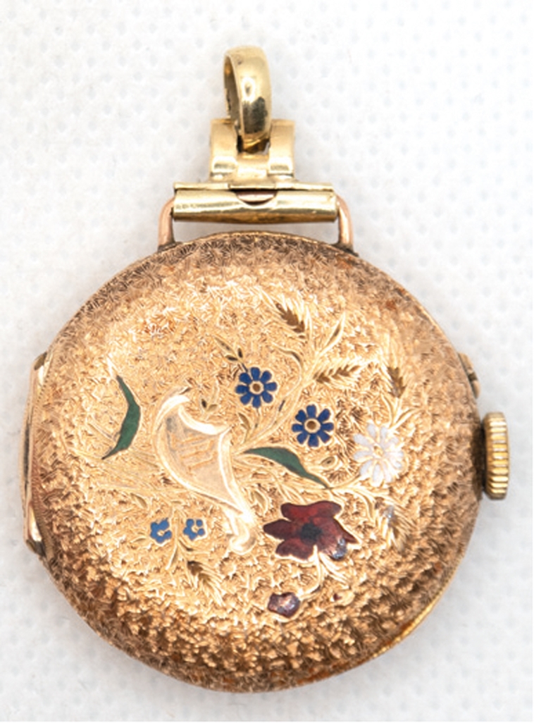 Damenuhr, 585er Gold, rückseitig floral emailliert, mit Hängevorrichtung für Kette, Emailzifferblat - Bild 2 aus 2