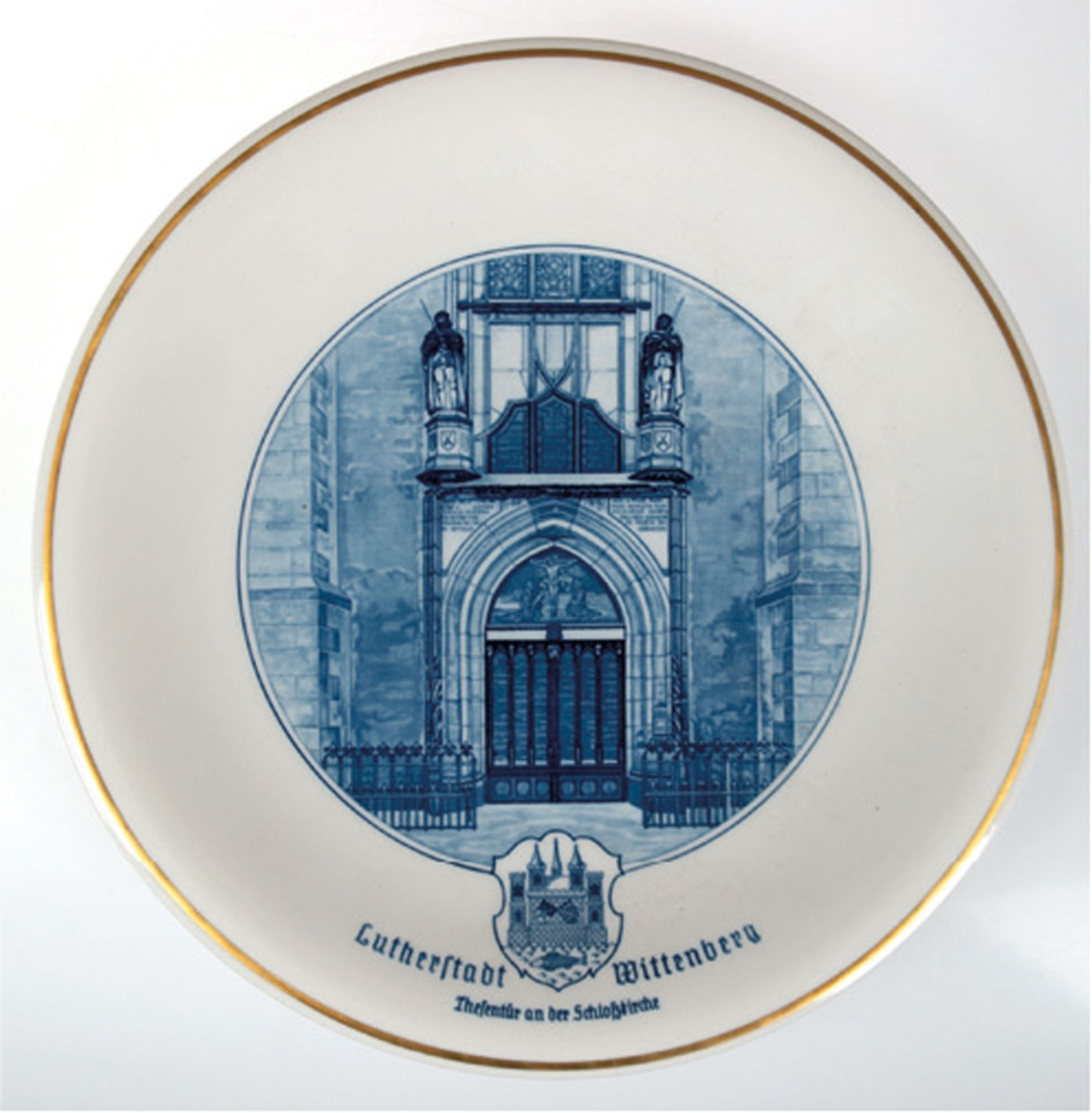 Meissen-Wandteller "Lutherstadt Wittenberg- Thesentür an der Schloßkirche", Blaudekor mit Goldrand,