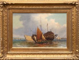 Maler um 1900 "Schiffe im Hafen", Öl/ Hartfaser, undeutl. sign. u.r., 27,5x42,5 cm, Rahmen