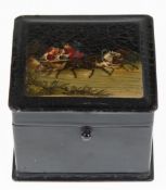 Lackdose, Rußland 19. Jh.,  Deckel mit gemalter figürlicher Szenen "Ausfahrt mit dem Pferdekarren",