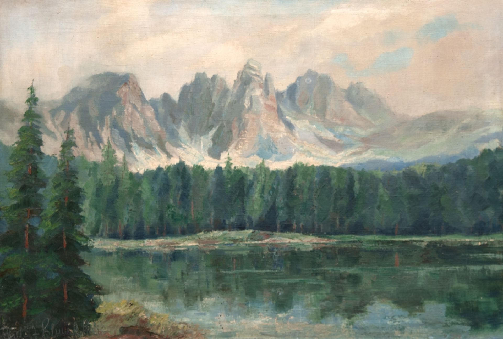 "Landschaft mit Bergsee", Öl/ Lw., undeutl. sign. u.l., 62,5x91 cm, Rahmen