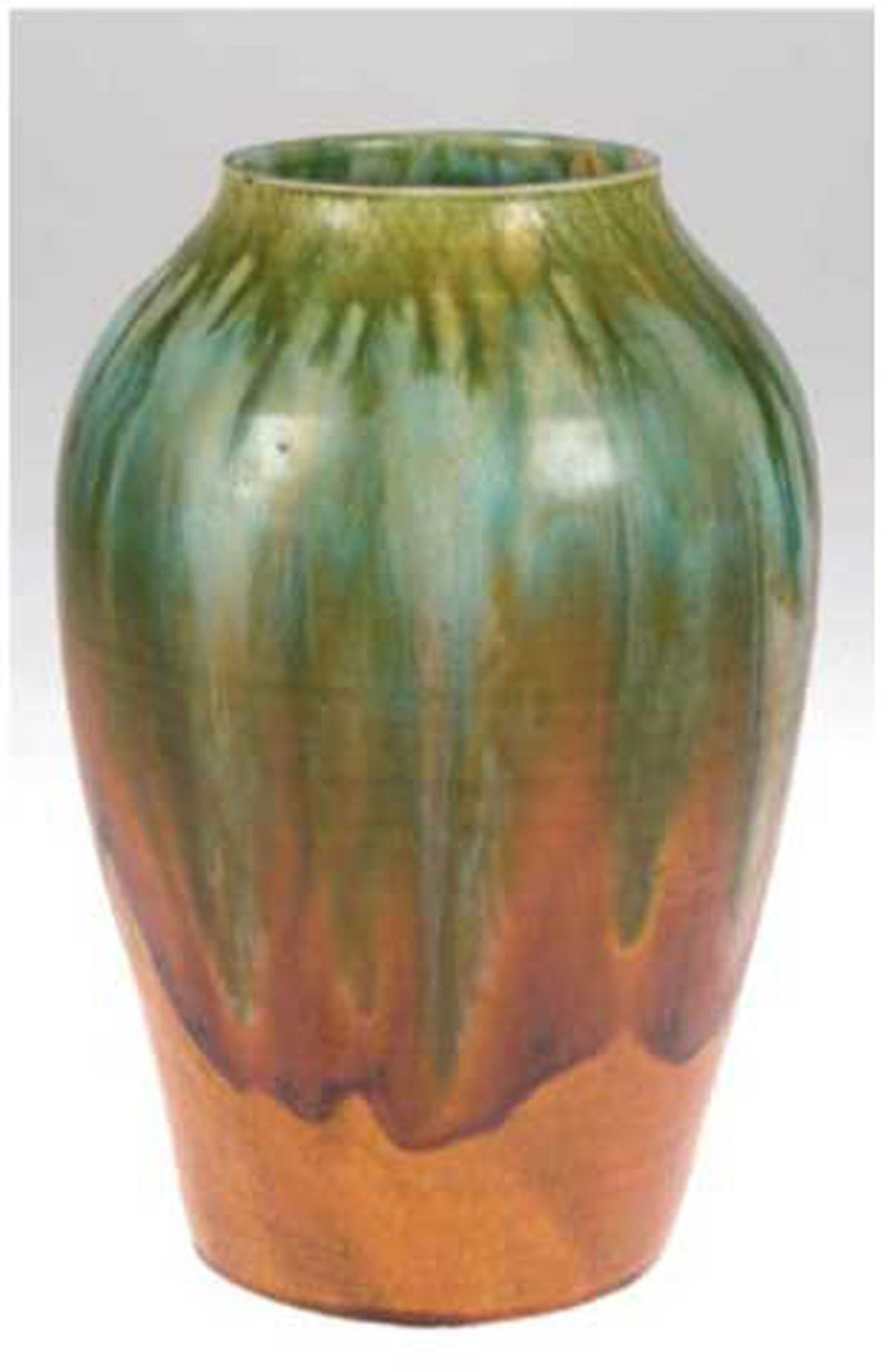 Jugendstil-Vase, Mutz-Altona-Keramik, Form 526, grün/braune Laufglasur über hellbrauner Glasur, H. 