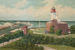 Hoffmann, Wilhelm (1897-1986, norddeutscher Maler) "Leuchtturm Fort Münde", Öl/ Hartfaser, sign. u.