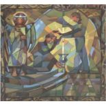 "Abstrakte Darstellung eines Kirchenfensters", Aquarell unsign., 24x22 cm, im Passepartout hinter G
