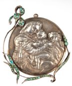 Jugendstil-Heiligenbildnis "Madonna mit 2 Kindern", Metall, Stellrahmen mit Türkisbesatz (1 Fehlste