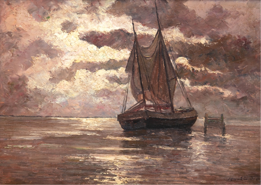 Harländer, Hans (1880 Hamburg-1943 ebenda) "Boot in der Dämmerung", Öl/ Holz,sign. u.r., 305x40 cm,