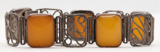 Bernstein-Armband, 835er Silber, Fischland, besetzt mit 5 honigfarbenen rechteckigen Bernstein-Cabo
