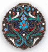Cloisonné-Pillendose, rund, 84 Zol Silber., Petersburg 1874, floral und ornamental emailliert, in