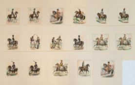 17 handkolorierte Drucke mit diversen Offiziersdarstellungen zu Pferd, ca. 10x7 cm, Blatt ca. 20x16