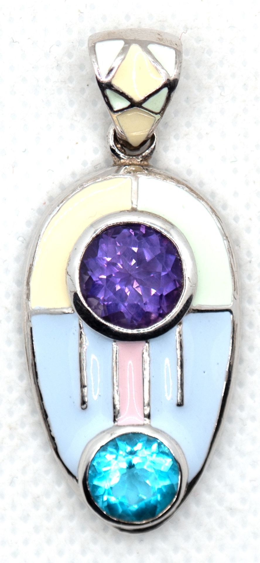 Anhänger, Unikat, 925er Silber, ca. 13,4 g, emailliert und mit Amethyst und blauen Quarz besetzt, M