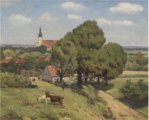 Schroer, Max (1892- ?) "Sommerliche Dorfidylle", Öl/Mp., sign. und dat. `48 u.r., 49x58 cm, Rahmen 