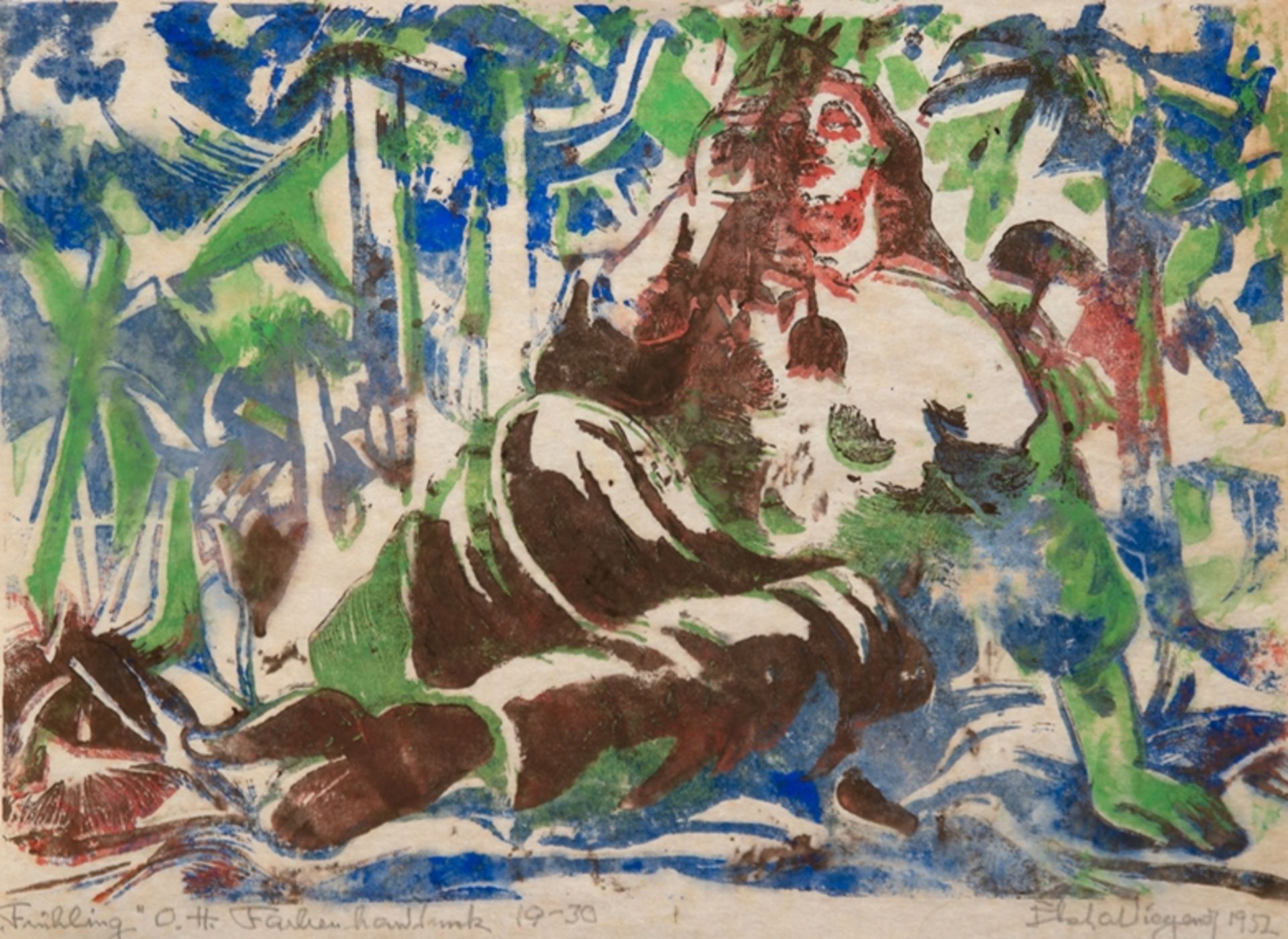 Viegener, Eberhard (1890 Soest-1967 Bilme) "Frühling", Holzschnitt/ Farbenhanddruck auf Büttenpapie