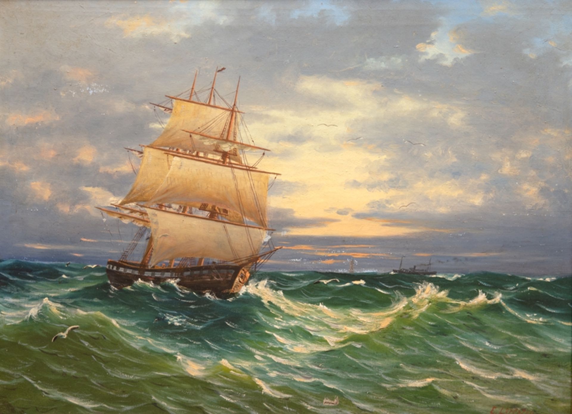 Lorenzen, E. "Segelschiff auf bewegter See", Öl/ Lw., sign. u.r., Lw. im unteren Bereich beschäd., 